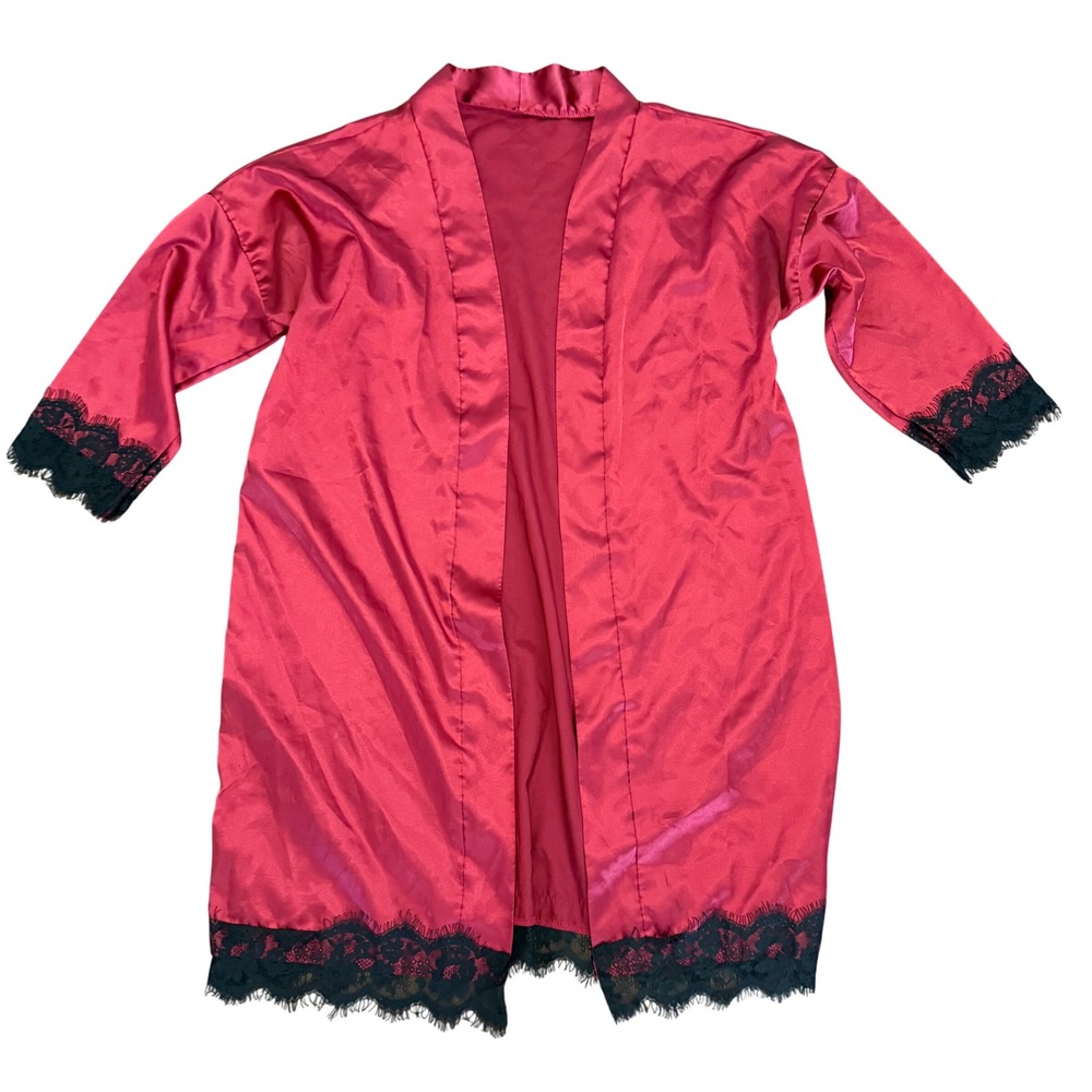 Burgundy Red Satin Lace Robe Open Front Kimono Nightwear Gothic Vamp Coquette